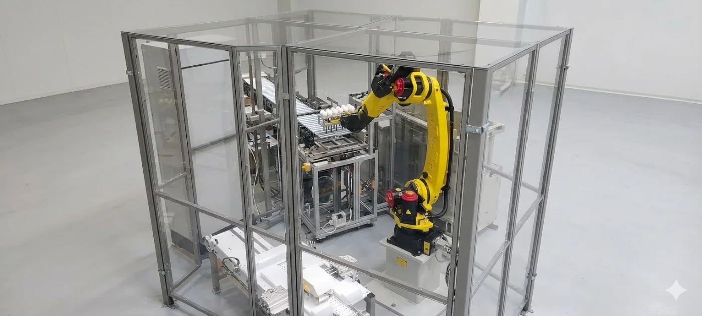Cartérisation de machine industrielle 2 Cellule robotisée d'emballage cartérisée par CIM Atlantique : carter en profilé aluminium et panneaux polycarbonate autour d'un robot FANUC