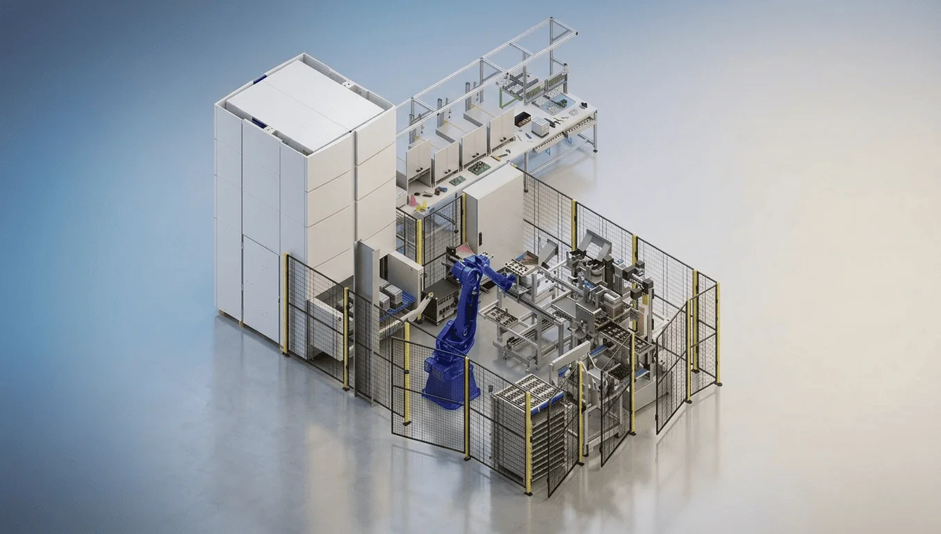 Cartérisation de machine industrielle 5 Cellule robotisée entièrement cartérisée avec grillage de sécurité, barrières immatérielles et accès de maintenance — vue d'ensemble CIM Atlantique