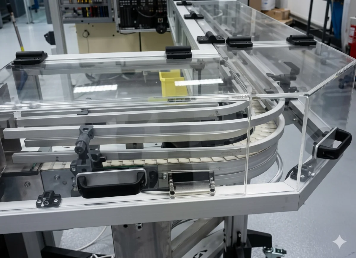 Cartérisation de machine industrielle 4 Cartérisation d'un convoyeur courbe existant : carter polycarbonate et profilés aluminium ajoutés en retrofit par CIM Atlantique