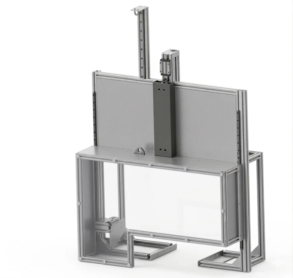 Cartérisation de machine industrielle 3 Porte guillotine de cartérisation sur profilés aluminium, à vérin non attelé et équilibreurs — conception CIM Atlantique